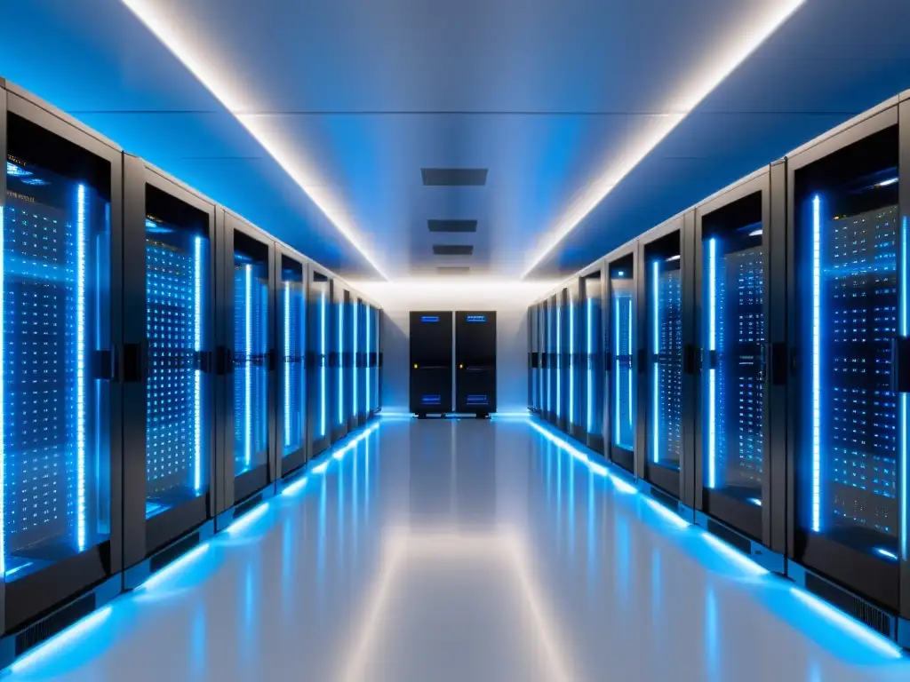 Centro de datos futurista: eficiencia y sofisticación Imagen de un centro de datos futurista con iluminación azul LED, servidores ordenados y ambiente sofisticado