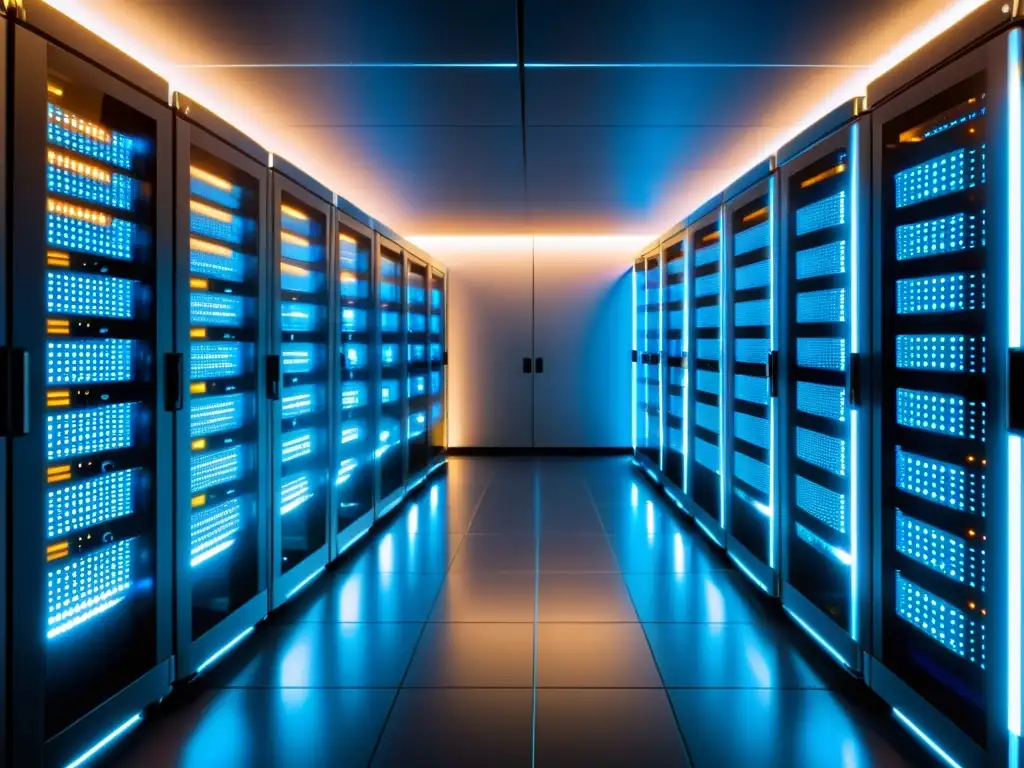 Centro de datos moderno: eficiencia y tecnología de vanguardia Una imagen de un centro de datos moderno y eficiente, con servidores organizados y una iluminación futurista