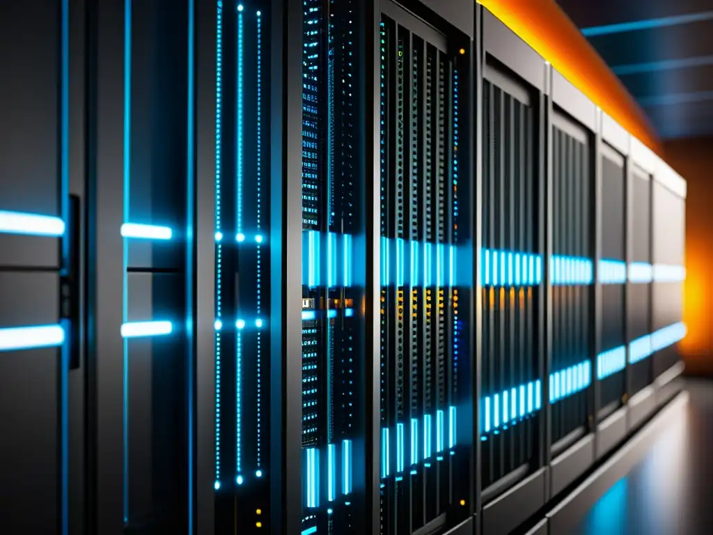 Firewall Futurista: Protección Avanzada para Servidores Imagen detallada de un sistema de firewall futurista protegiendo una red de servidores, con líneas de código y datos flu yendo
