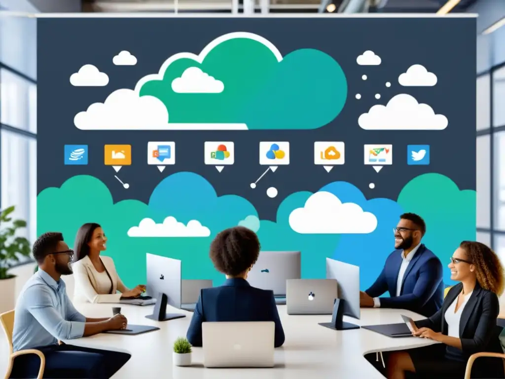 Equipo de startup en espacio colaborativo con multicloud Imagen de equipo diverso en una oficina moderna, colaborando con iconos de nube, representando los beneficios del hosting multicloud para startups