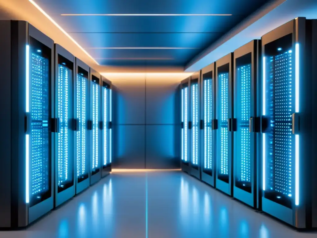 Centro de Datos Futurista: IA Avanzada y Tecnología Innovadora Una imagen futurista de un centro de datos con servidores y algoritmos de inteligencia artificial, bañados en un suave resplandor azul