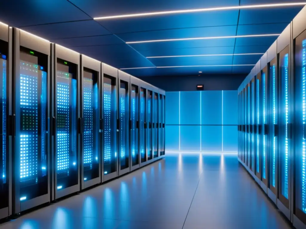 Centro de datos ultramoderno: tecnología de vanguardia en acción Imagen impactante de un centro de datos moderno en 8k, con servidores alineados y bañados en luz azul futurista