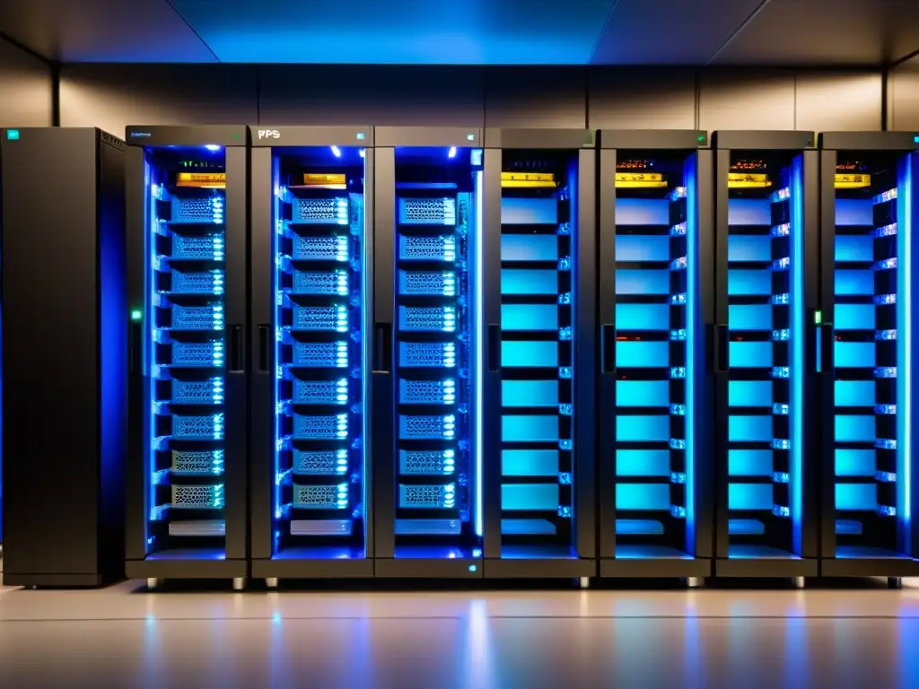 Imagen impactante de un elegante rack de servidores VPS, con iluminación ambiental suave