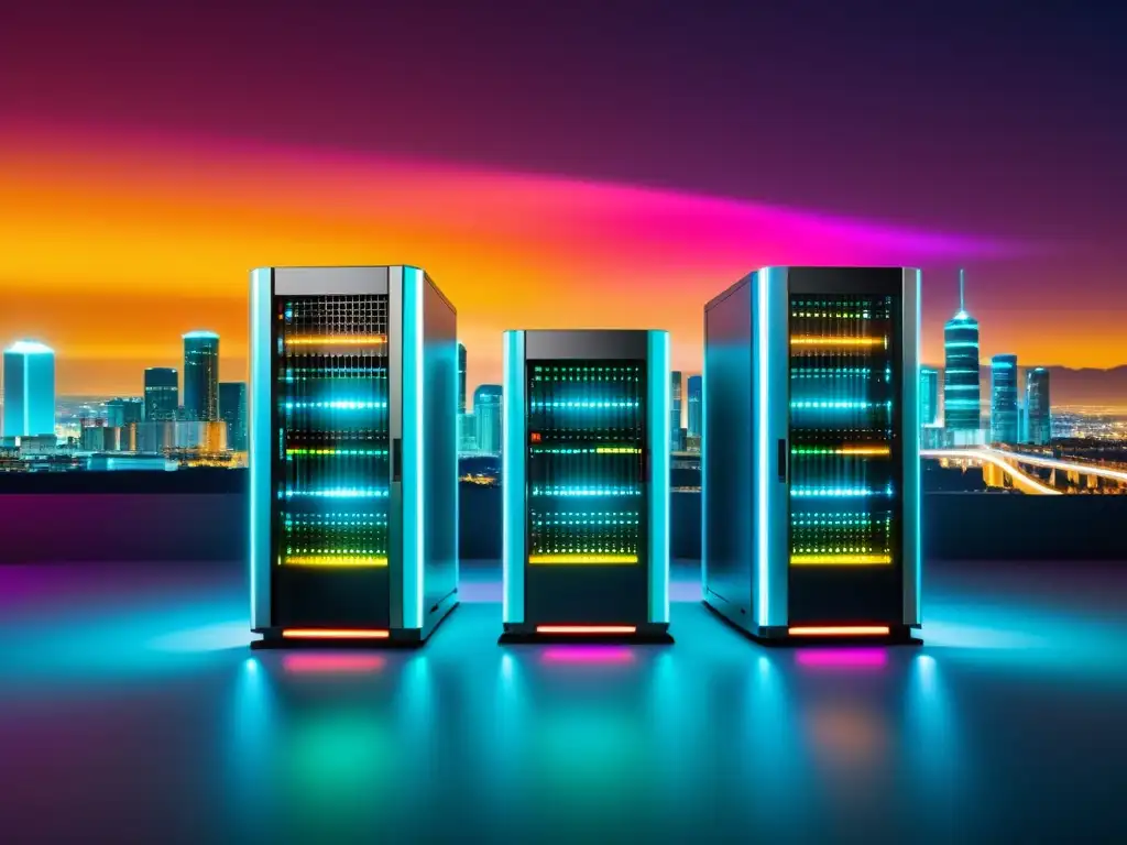 Servidores de alojamiento web: compartido, VPS y dedicado interconectados Imagen impactante de servidores web modernos y coloridos, representando el mejor tipo de alojamiento web a elegir