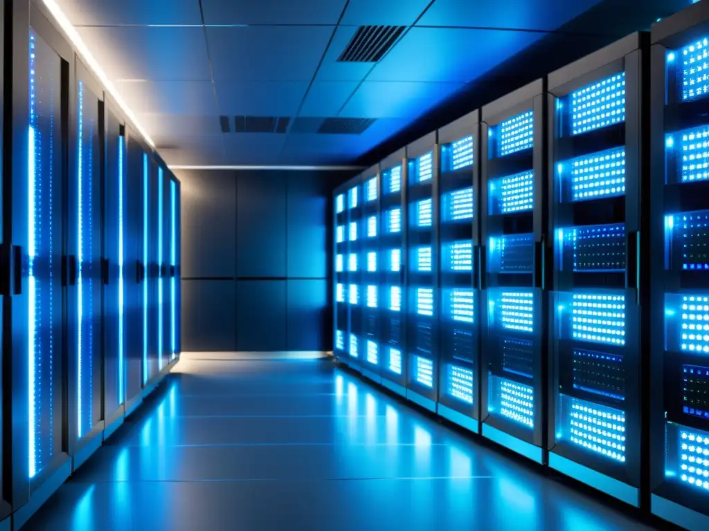 Centro de datos de alta tecnología Una imagen moderna de un centro de datos con servidores ordenados y luces LED parpadeantes, proyectando confiabilidad y tecnología avanzada