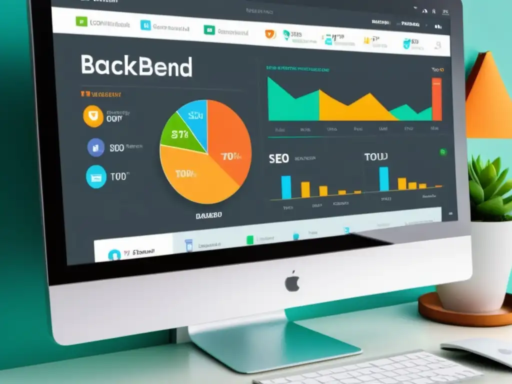 Panel SEO profesional en Magento: herramientas y análisis Una imagen moderna y elegante de un dashboard de Magento con herramientas de optimización SEO
