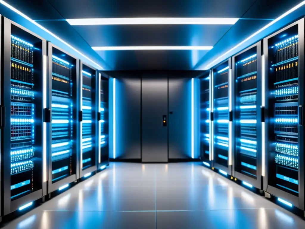Data Center Futurista: Tecnología de Última Generación Imagen 8k de un moderno centro de datos, con servidores potentes y luces LED