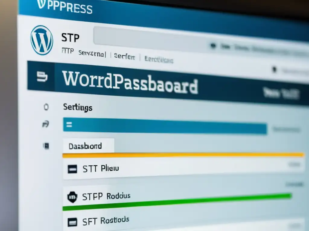 Configuración segura de SFTP y FTPS en WordPress Imagen de pantalla de laptop moderna con configuración de seguridad SFTP vs FTPS destacada en WordPress, transmitiendo profesionalismo y seguridad