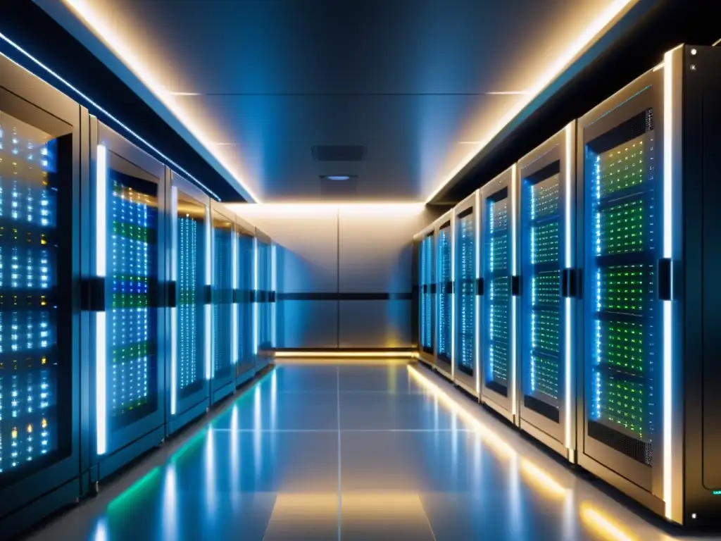 Centro de datos del futuro: Eficiencia y sostenibilidad Imagen de alta resolución de un centro de datos futurista con servidores eficientes en un ambiente sofisticado y ecoamigable