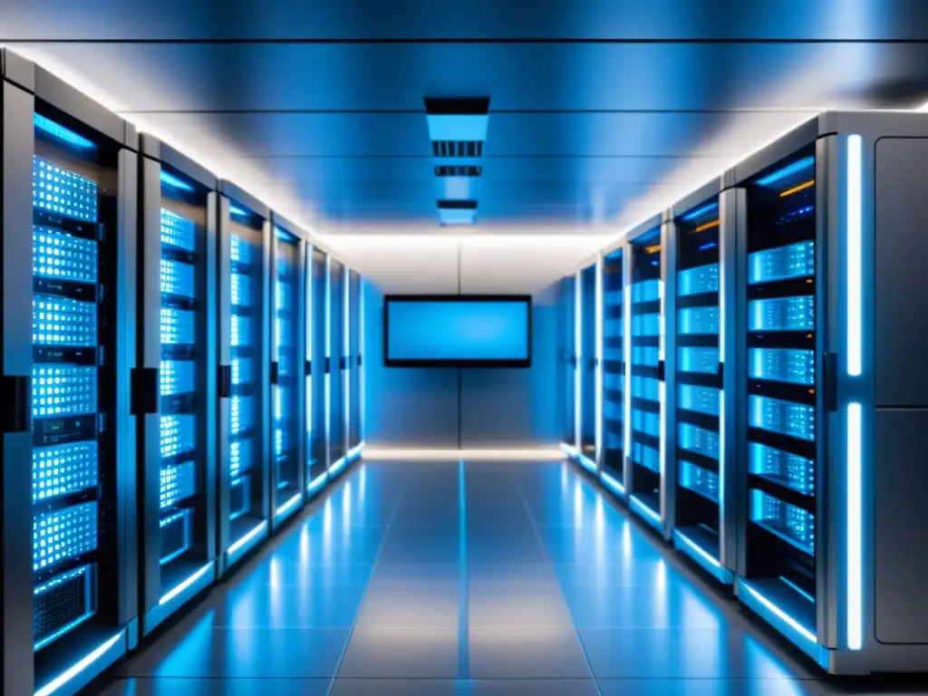 Imagen 8k de sala de servidores moderna con racks metálicos iluminados en azul, ambiente sofisticado