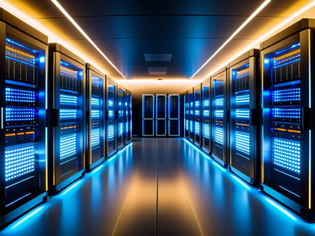 Una impactante sala de servidores de alta tecnología con filas de potentes equipos y luces futuristas