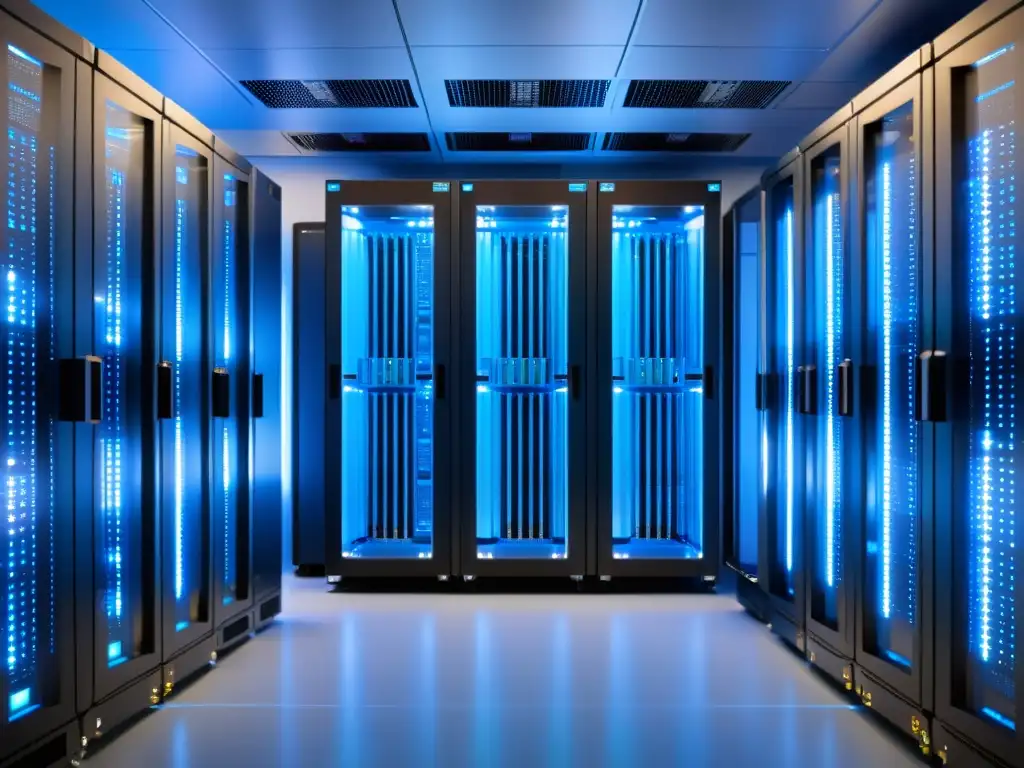 Sala de servidores de última generación: eficiencia y fiabilidad Una impecable sala de servidores de última generación bañada en luz azul, transmitiendo fiabilidad y eficiencia
