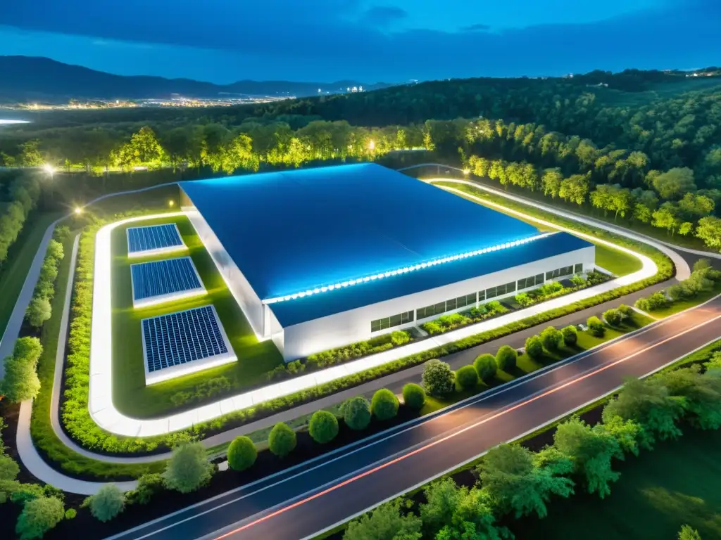 Centro de Datos Futurista en Armonía con la Naturaleza Imponente data center rodeado de vegetación, iluminado con luces LED futuristas