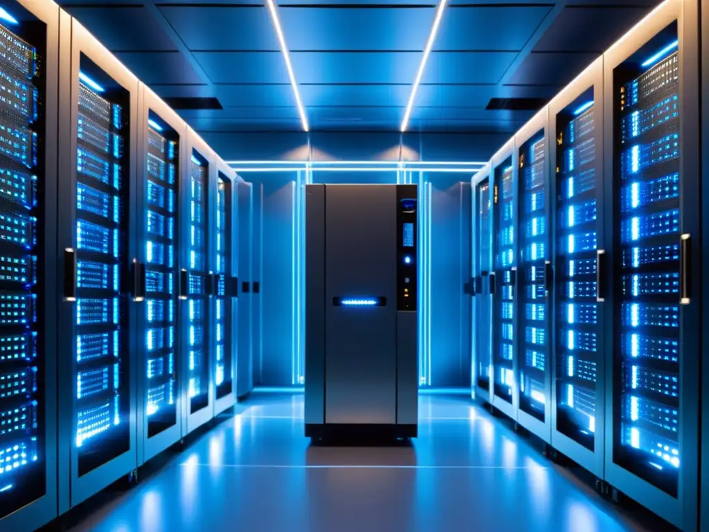 Sala de servidores ultramoderna con luces parpadeantes y estética futurista Imponente sala de servidores con luces parpadeantes y diseño futurista, ideal para optimización de hosting para ecommerce