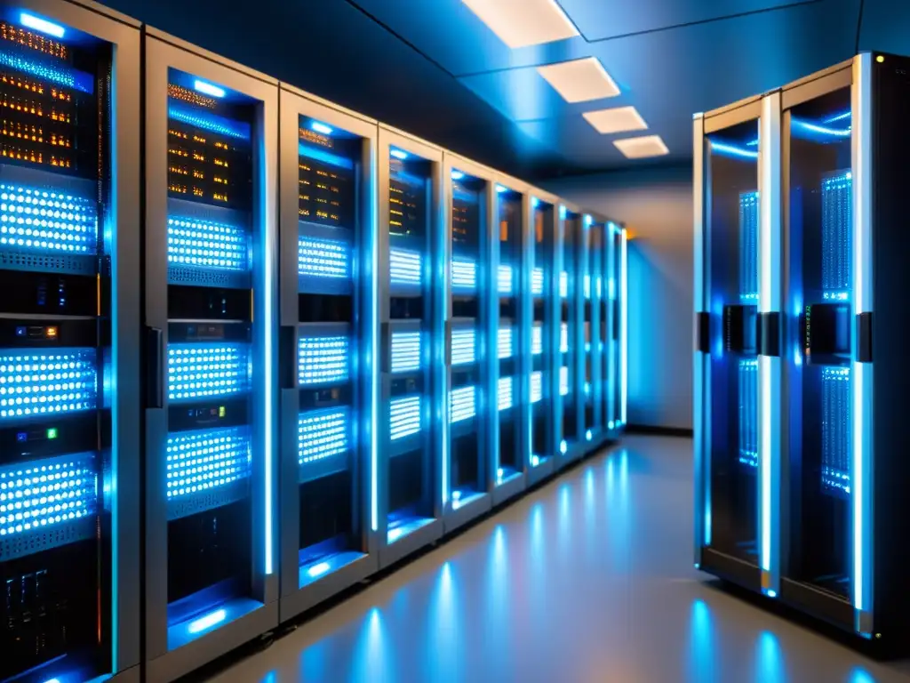 Servidores de alta tecnología en un centro de datos futurista Imponentes servidores en data center futurista, ideal para elegir el mejor tipo de alojamiento web