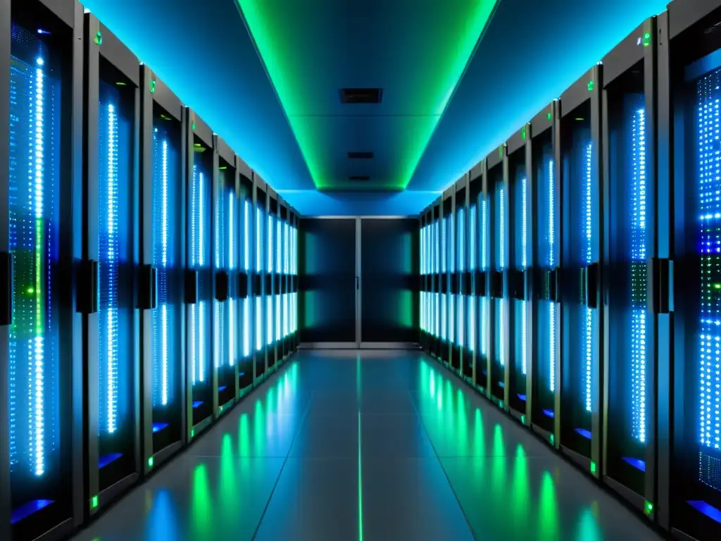Centro de datos futurista: impacto visual de la tecnología en la nube Un impresionante centro de datos futurista con hileras de servidores iluminados por luces LED azules y verdes, representando el impacto de la tecnología en las preferencias expertos alojamiento web internacional