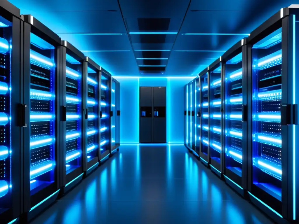 Sala de servidores futurista 8k: alta tecnología y estilo Un impresionante centro de servidores futurista con impacto uptime hosting y tasa rebote SEO, lleno de filas de racks iluminados en azul