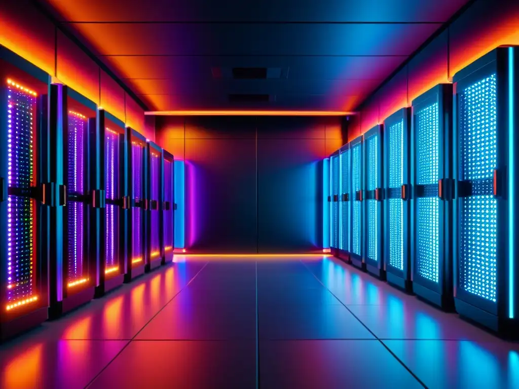 Sala de servidores futurista: tecnología de vanguardia en 8k Un impresionante cuarto de servidores futurista con una distribución ordenada y luces LED vibrantes, reflejando eficiencia tecnológica de alta gama