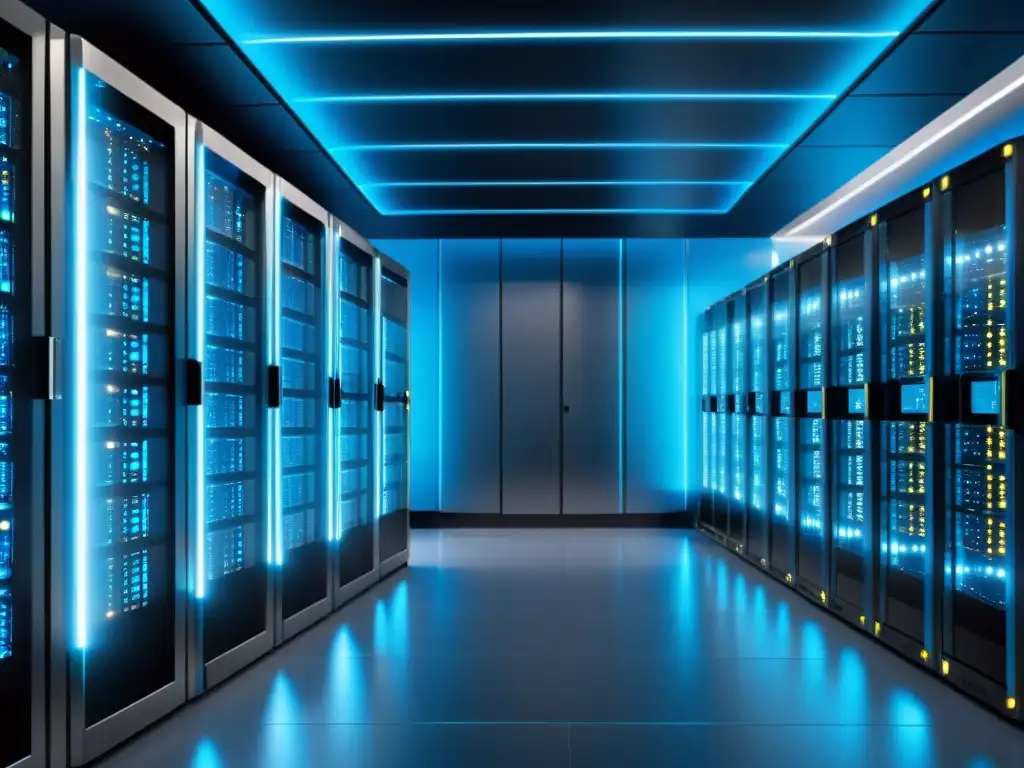 Sala de servidores de hosting: tecnología de vanguardia 24/7 Un impresionante y detallado cuarto de servidores, con tecnología de vanguardia y eficiencia
