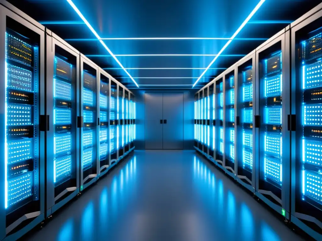 Sala de servidores futurista con luces LED pulsantes Un impresionante server room futurista con filas de racks iluminados y cables entrelazados, para mejorar servicio hosting estudio competencia