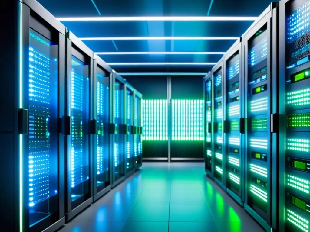 Servidores futuristas en sala de datos ultradetallada Un impresionante servidor futurista en un centro de datos de alta tecnología