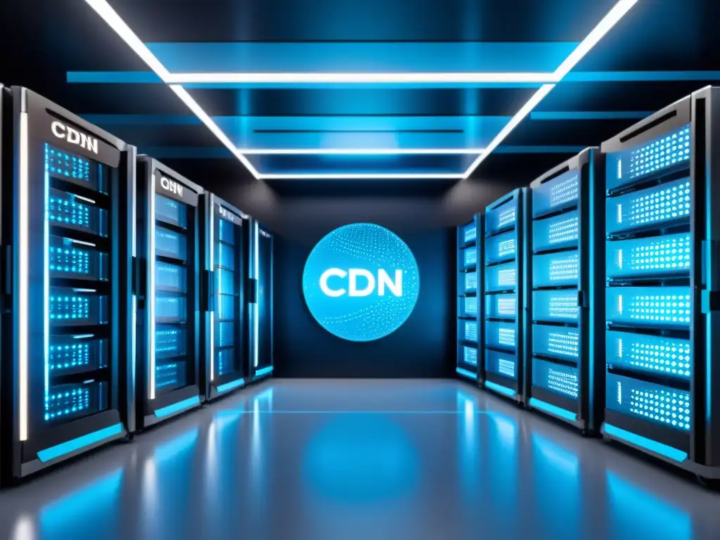 Infraestructura CDN de vanguardia con visualización de datos dinámica Una infraestructura futurista de entrega de contenido y experiencia del usuario: servidores interconectados con capacidades avanzadas de procesamiento de datos, en una instalación de vanguardia iluminada por un suave resplandor azul, rodeada por una visualización dinámica y abstracta de datos