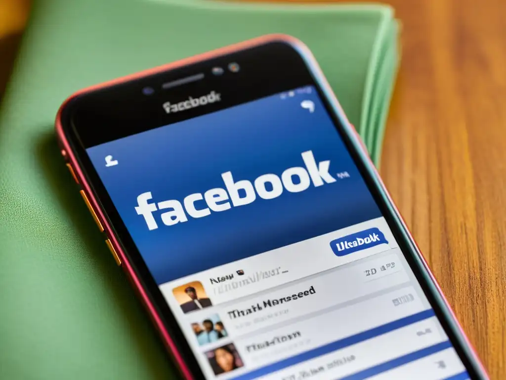 Interfaz vibrante del app de Facebook en smartphone: experiencia de usuario optimizada Interfaz de la app de Facebook en un smartphone, resaltando la optimización UX para grandes marcas