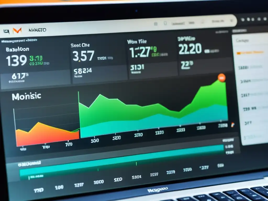Panel de control Magento: Estadísticas SEO en tiempo real Interfaz moderna de Magento muestra impacto de actualizaciones en SEO con gráficos detallados y métricas en tiempo real