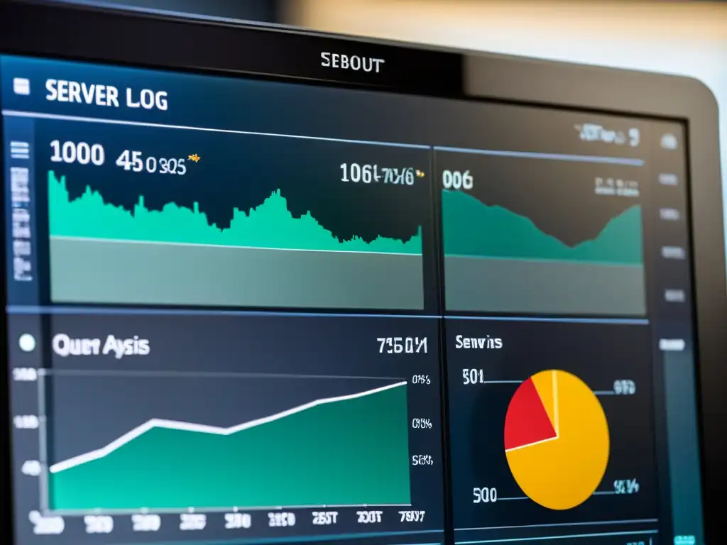 Análisis detallado de logs: gráficos e insights Interfaz de software de análisis de logs del servidor para SEO con gráficos detallados y diseño moderno