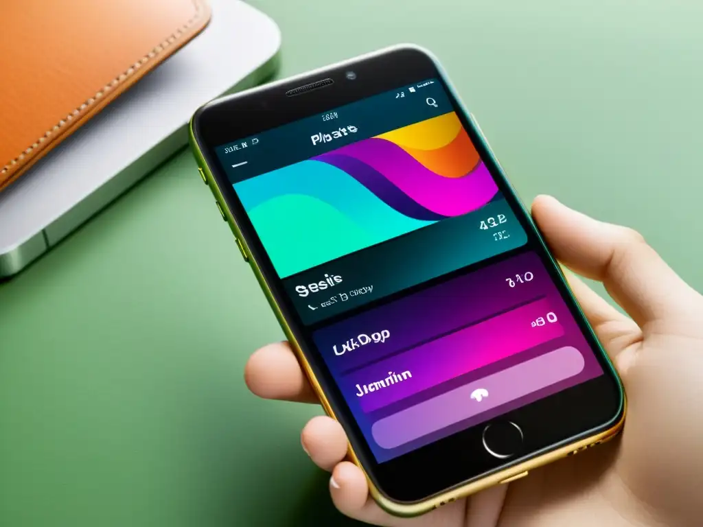 Interfaz de app de música moderna y vibrante en smartphone Interfaz de usuario de una app de música moderna y vibrante en un smartphone, mostrando una experiencia de usuario optimizada para grandes marcas