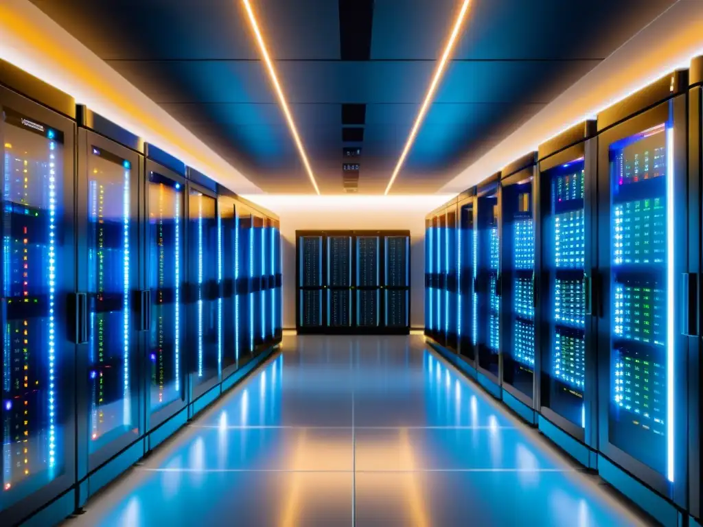 Centro de datos moderno: confianza y tecnología avanzada Inversión en hosting para ecommerce: imagen de un data center moderno y ordenado, con servidores brillantes y tecnología avanzada