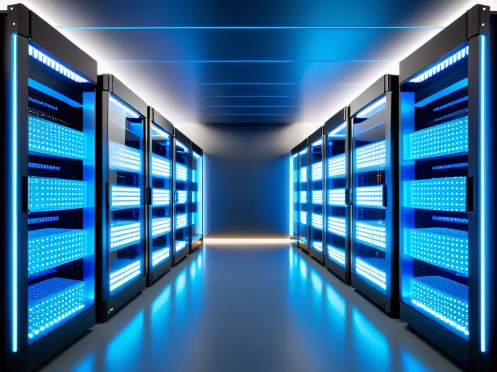 Centro de datos ultramoderno: tecnología de vanguardia y eficiencia Inversión en hosting para ecommerce: Imagen de un centro de datos moderno y futurista con servidores organizados, iluminados por una suave luz azul