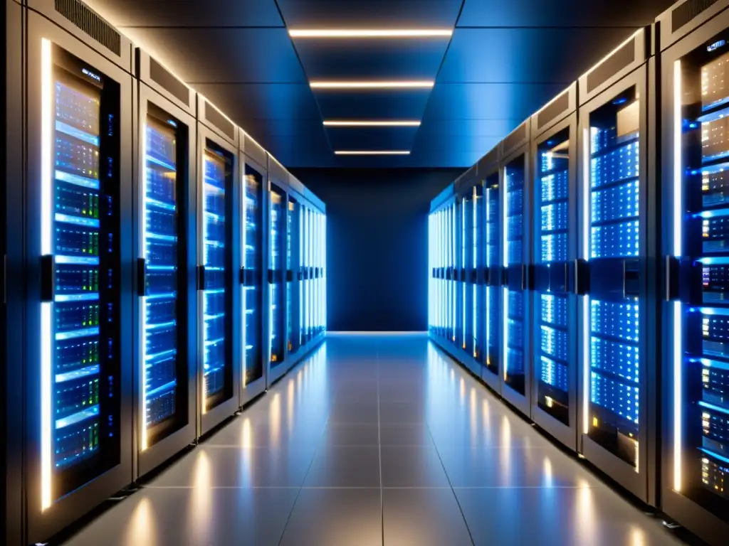 Centro de datos de última generación: tecnología futurista y profesional Inversión en hosting para PrestaShop: Imagen impactante de un centro de datos moderno y elegante con servidores organizados en racks, iluminación ambiental futurista, profesionalidad y confiabilidad