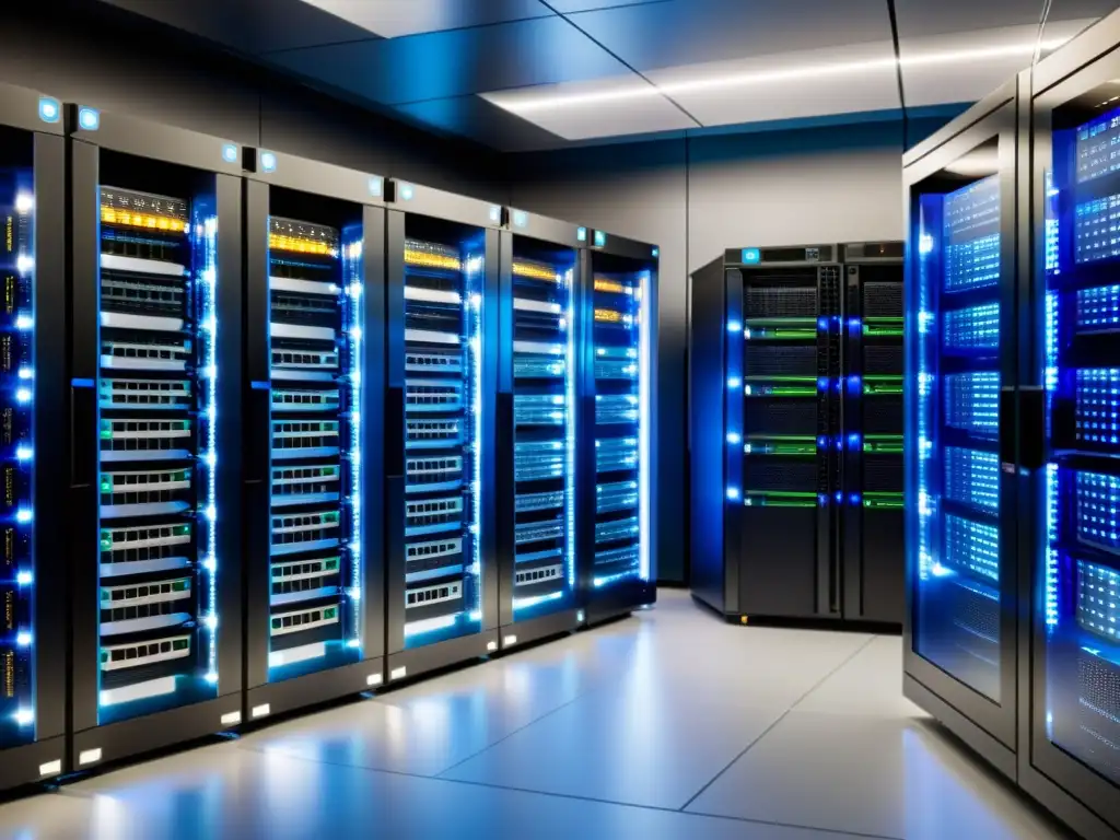 Centro de datos de vanguardia para tu PrestaShop Inversión en hosting para PrestaShop: Imagen moderna de un centro de datos sofisticado con servidores organizados y tecnología avanzada, transmitiendo fiabilidad y seguridad