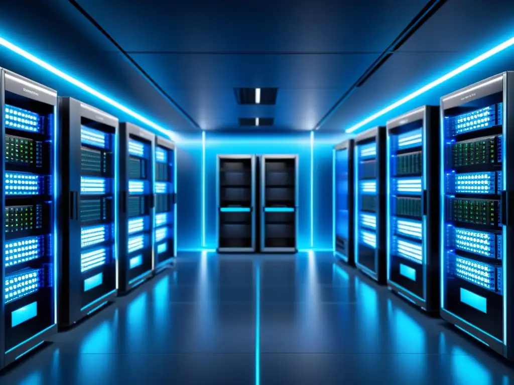 Sala de servidores moderna: eficiencia y fiabilidad en azul Inversión en hosting para ecommerce: Sala de servidores moderna y organizada, con luces LED azules y atmósfera futurista de eficiencia