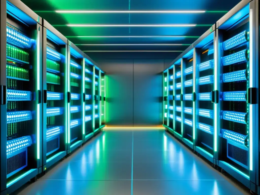 Centro de servidores de alta tecnología para ecommerce Inversión en hosting para ecommerce: Sala de servidores de alta tecnología con luces LED azules y verdes, organizadas y vibrantes