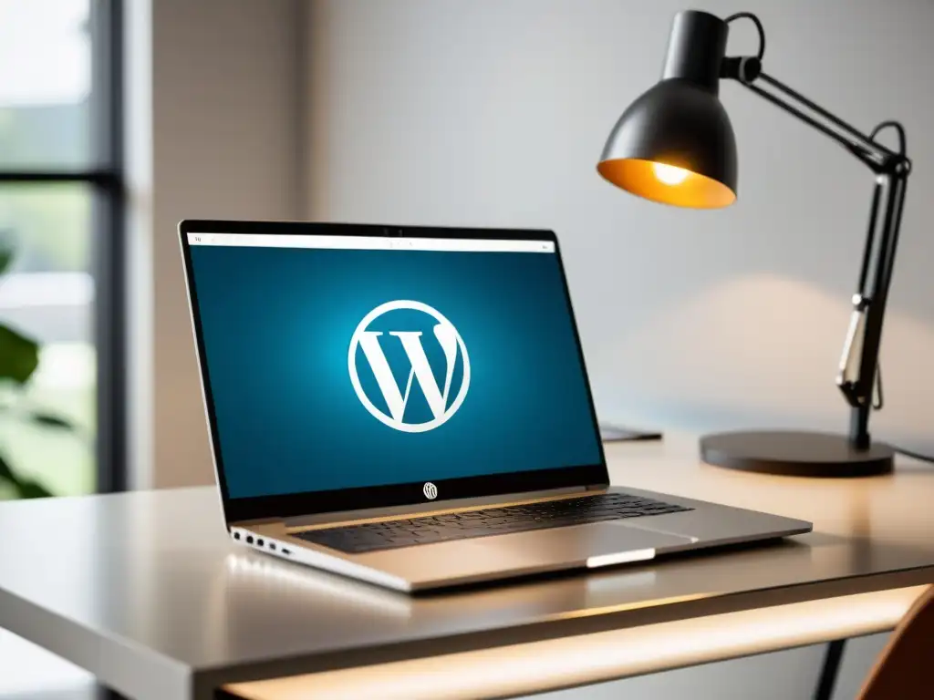 Entorno de trabajo moderno con PHP 8 en WordPress Una laptop moderna muestra el dashboard de WordPress con el logo de PHP 8 en una atmósfera profesional y eficiente