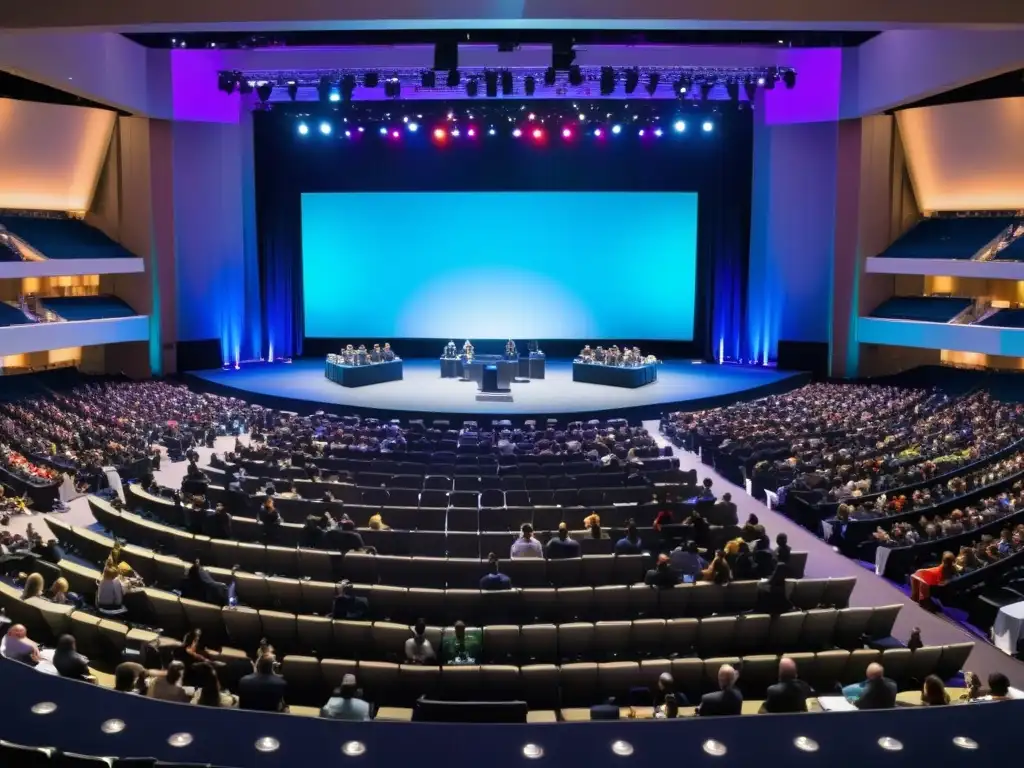 Convención tecnológica: audiencia cautivada en un escenario iluminado Convención llena de asistentes en un centro moderno