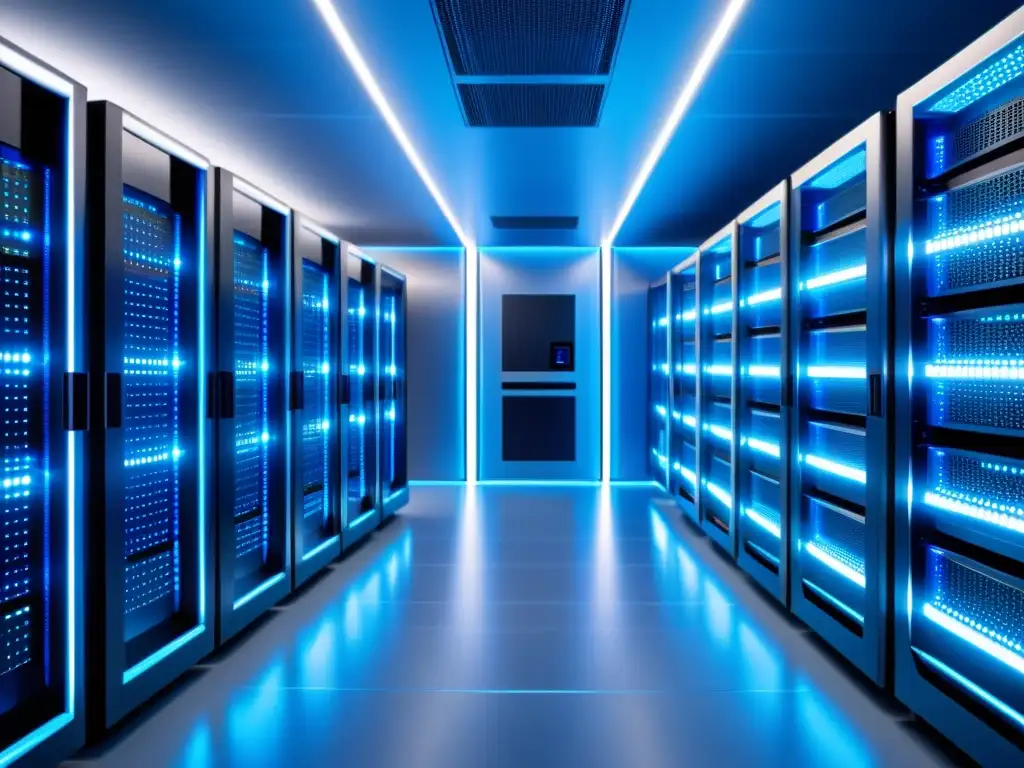 Sala de servidores futurista con luces LED parpadeantes Localización de servidores para SEO con alta velocidad de carga, en una sala futurista con luces LED azules y diseño minimalista