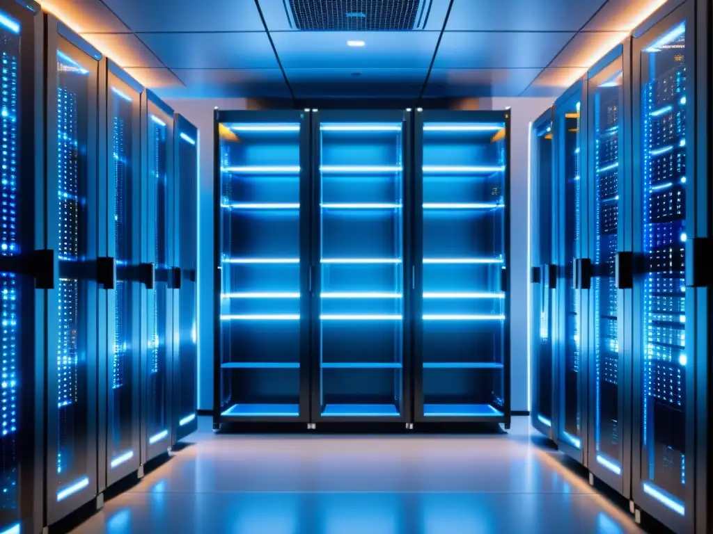 Sala de servidores ultramoderna en 8k Localización de servidores para SEO con velocidad de carga óptima en un moderno y futurista cuarto de servidores iluminado en azul