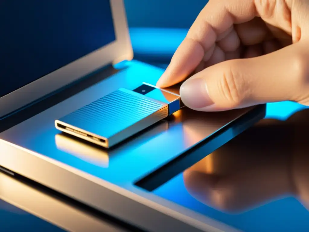 Conexión USB: Moderna transferencia de datos entre dispositivos Mano inserta USB en disco duro externo iluminado, representando seguridad en hosting para ecommerce