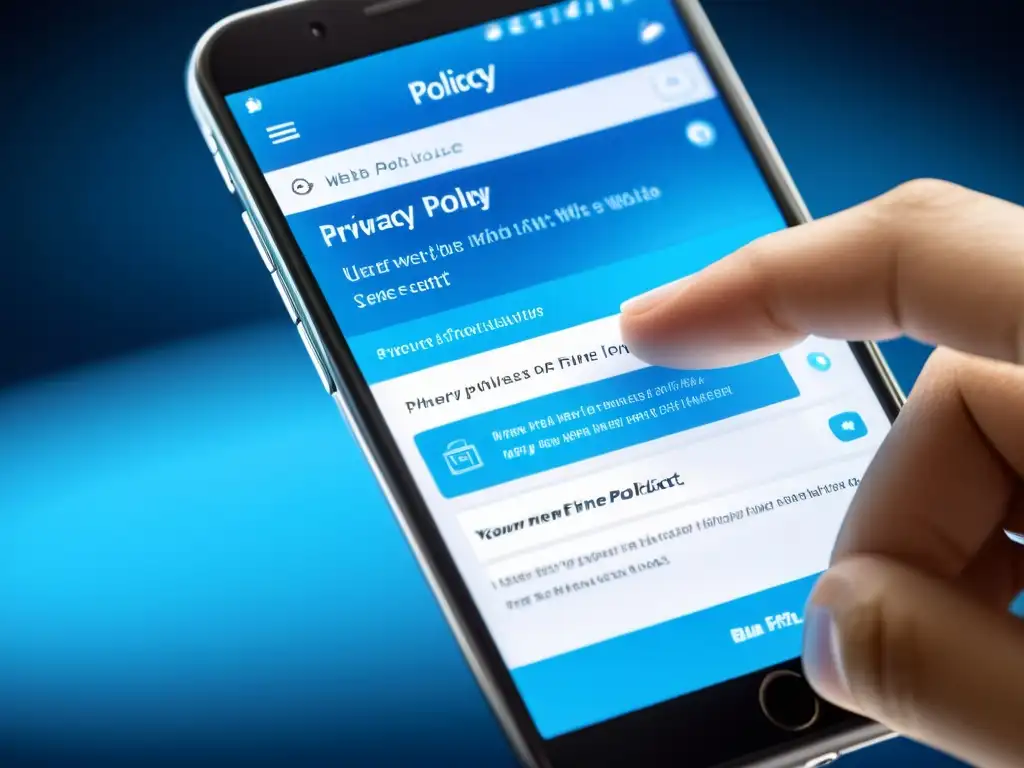 Mano leyendo política de privacidad en smartphone Mano elegante desliza privacidad hosting web en pantalla de smartphone de alta tecnología, emitiendo una luz azul suave