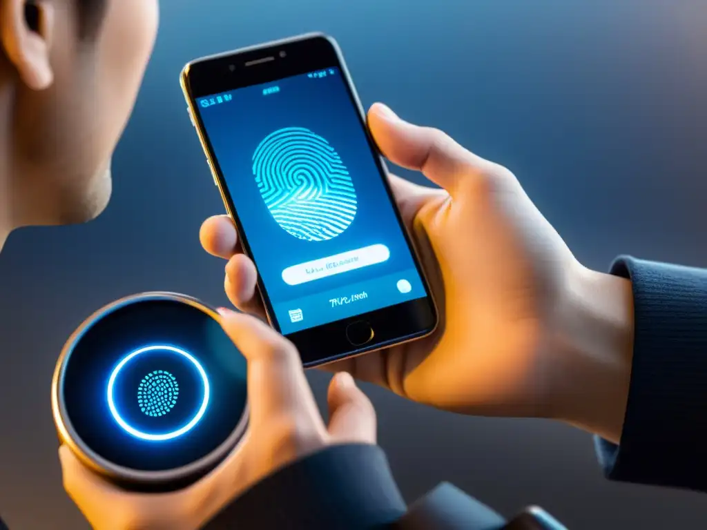 Autenticación biométrica con smartphone: un toque de seguridad moderna Mano usando escáner de huellas en smartphone para autenticación dos factores hosting web