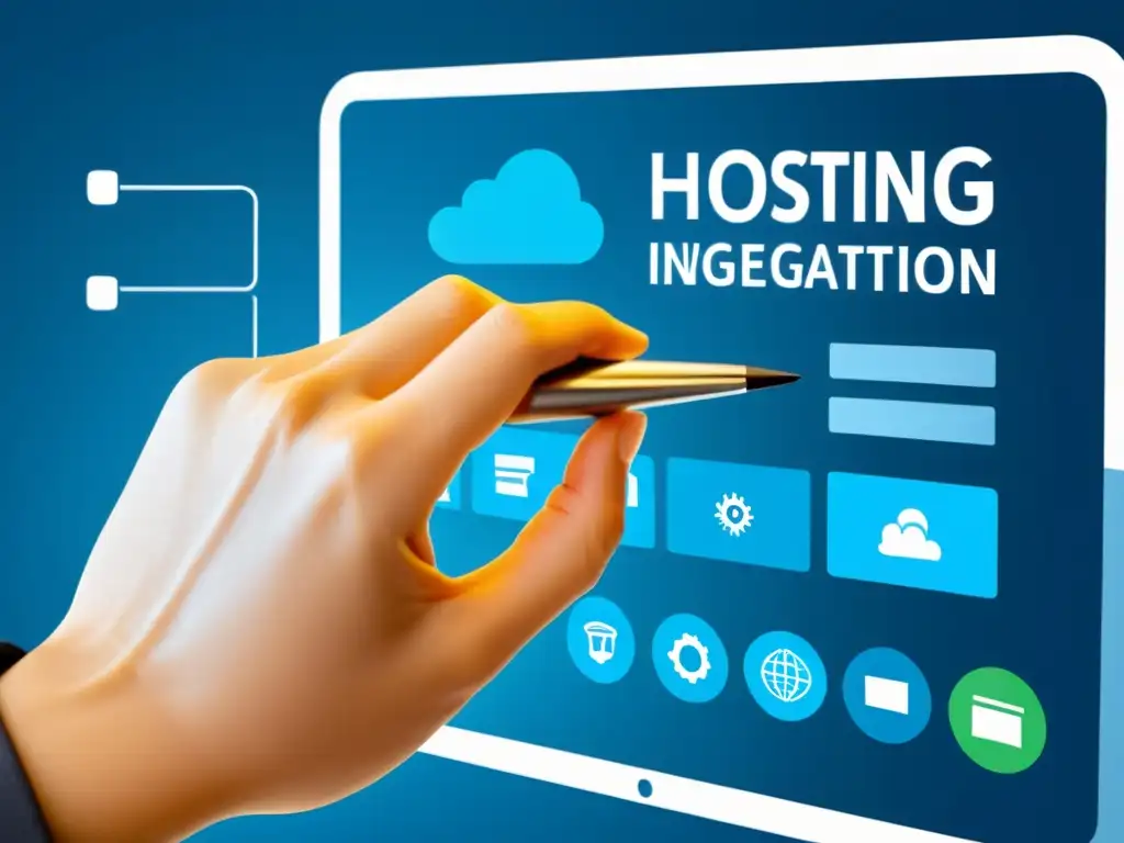 Optimización de costos: mano experta en hosting dedicado Mano navegando en interfaz futurista para optimización de costos en hosting dedicado