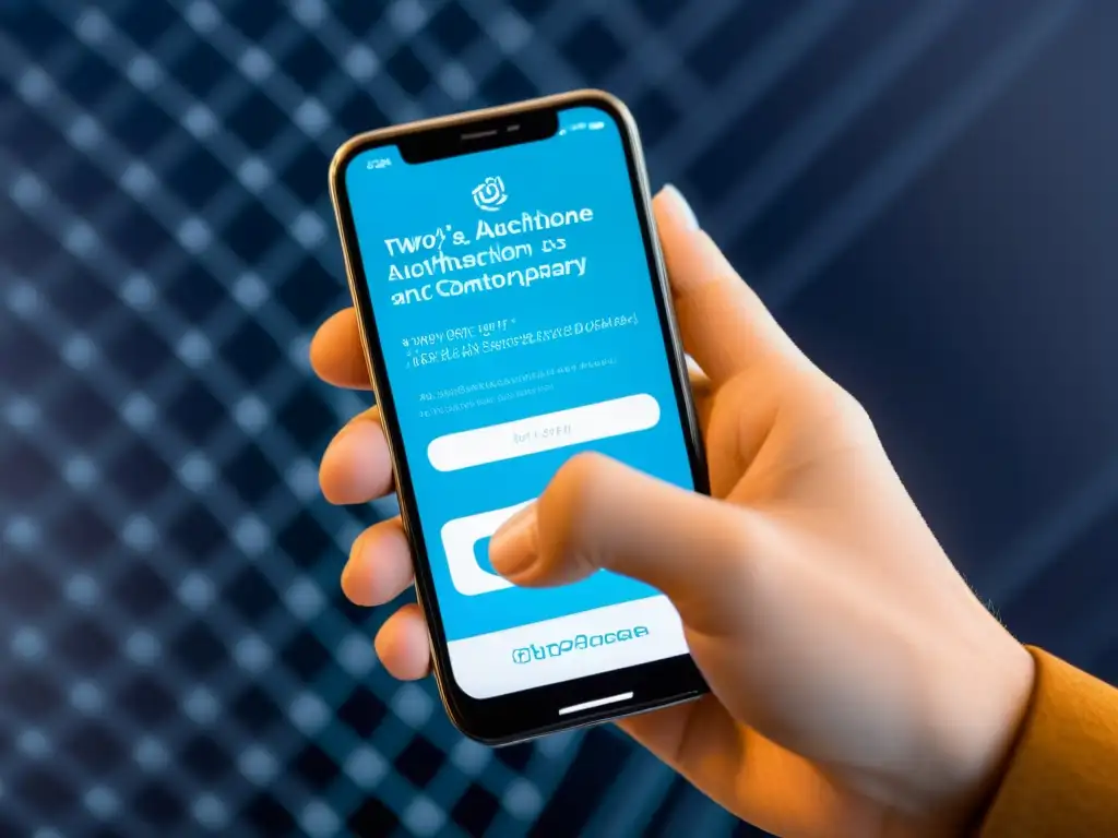 Mano sosteniendo smartphone con autenticación de dos factores Mano sosteniendo smartphone con app de autenticación de dos factores, en fondo moderno