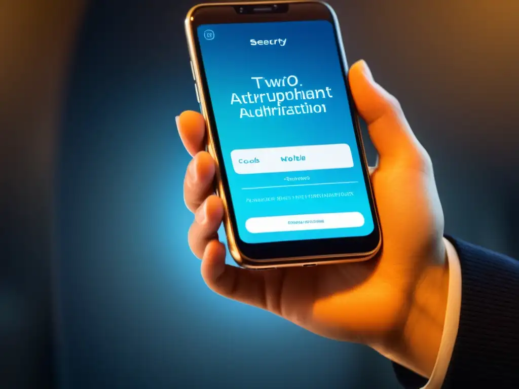 Seguridad móvil: autenticación en dos pasos en smartphone Mano sostiene smartphone con código de autenticación dos factores, resaltando seguridad en hosting web
