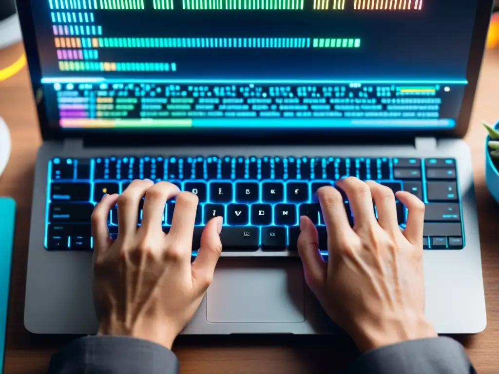 Experto en acción: Desarrollador web codificando con precisión Manos de un desarrollador tecleando en un teclado retroiluminado, con código y plugins de WordPress en la pantalla