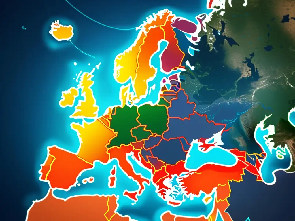 Mapa digital de Europa: centros de datos postBrexit Mapa mundial con conexiones digitales resaltando centros de datos en Europa en el contexto postBrexit y protección de datos en alojamiento web