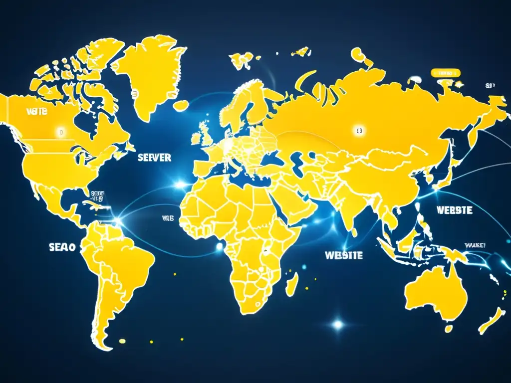 Mapa del mundo con ubicaciones de servidores: Impacto global en SEO Mapa mundial de servidores con datos de rendimiento web, destacando la importancia de la localización del servidor en SEO y velocidad de carga