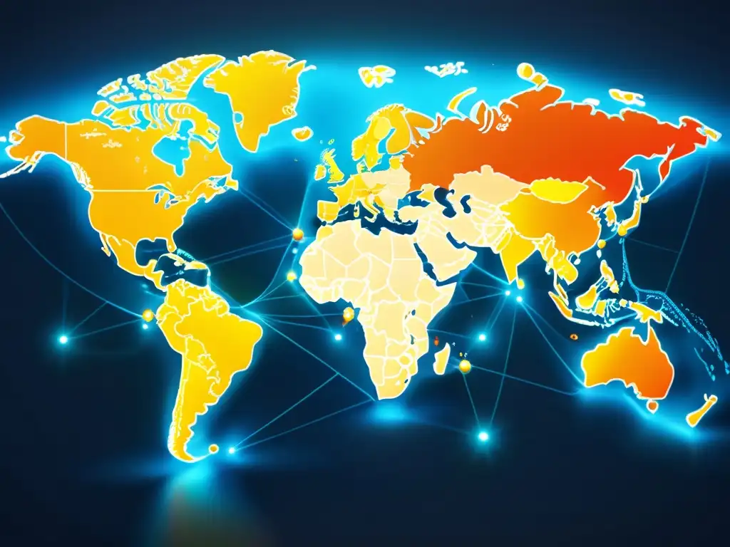 Mapa mundial de servidores web: diversidad y alcance global en 8k Mapa mundial de servidores web interconectados en vibrantes colores, representando las preferencias expertos alojamiento web internacional